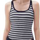 SUUKSESS Women Padded Cotton Ribbed Long Tank Tops Casual Summer Going Out Sleeveless Scoop Neck Basic Cami Tops (Large, Blue White Stripe)