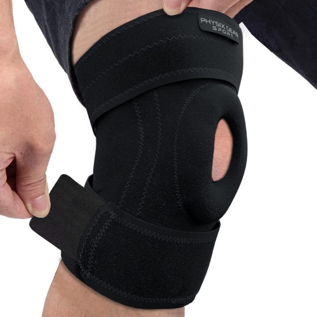 Physix Gear Knee Brace for Men & Women - Adjustable Patella Compression Knee Support for Arthritis, ACL & MCL, Meniscus Tear, Plus Size Knee Brace w/Side Stabilizers, Knee discomfort Recovery (Black/Grey)