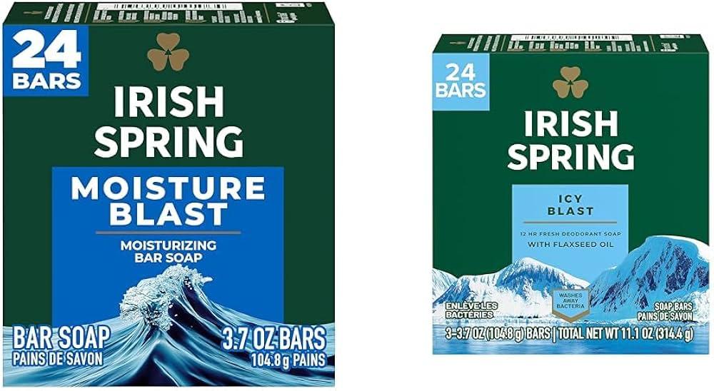 Irish Spring Bar Soap for Men, Moisture Blast, 3.7 Oz, 24 Pack & Icy Blast Bar Soap for Men, Mens Soap, Smell Fresh and Clean 12 Hours