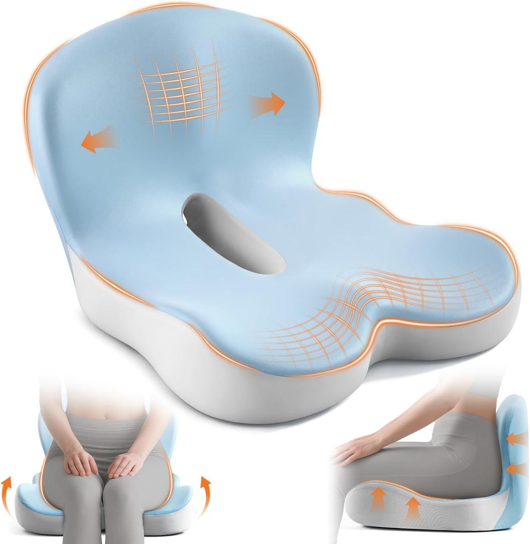 Seat Cushion, Office Chair Cushions for Tailbone Relief, Seat Cushions for Office Chair with L-Shaped Ergonomic Design, Memory Foam Chair Cushion for Long Sitting Office Worker(Blue Grey)