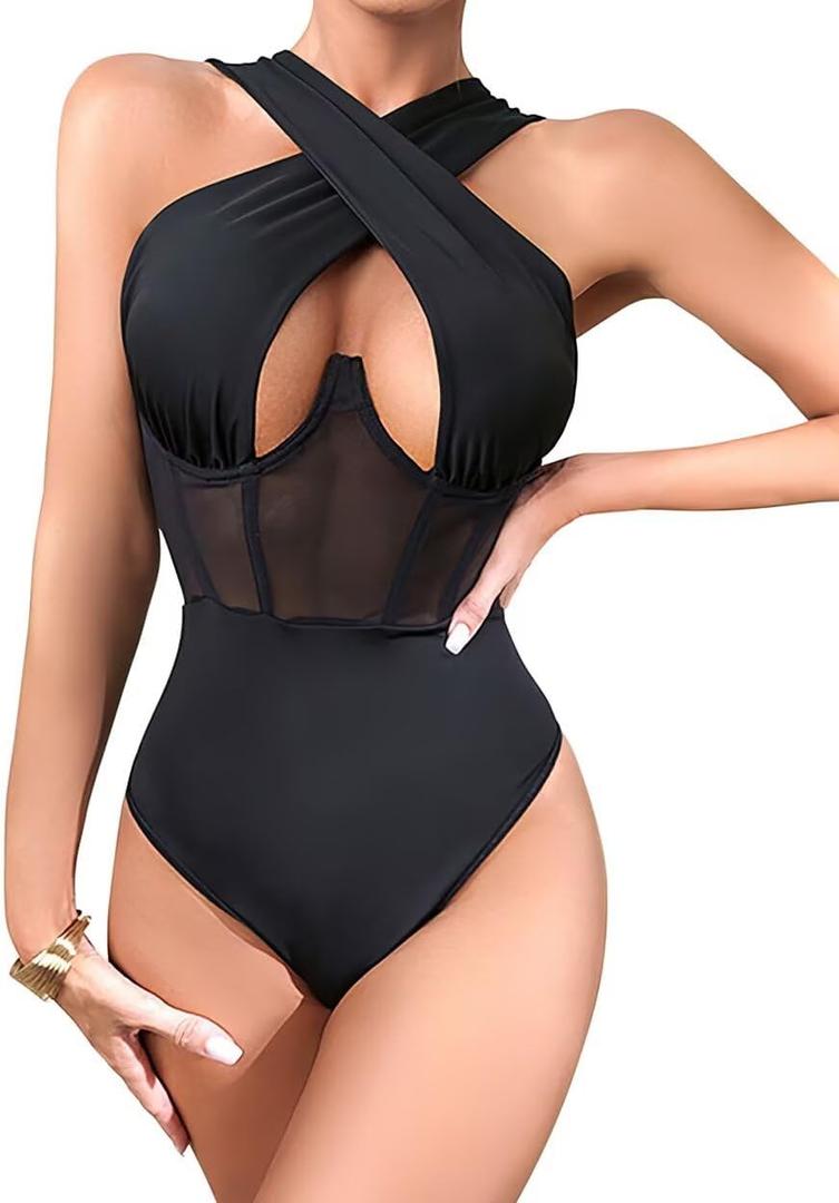 Women's Halter Criss Cross Sleeveless Bodysuit Sheer Mesh Corset Bustier Sexy Cut Out Leotard Jumpsuit S-3XL (Large, Black)