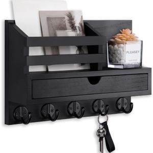 Key Holder Wall Mount, Mail Holder with Storage Drawer and 5 Key Hooks for Coat, Dog Leash, Home Decor Rack, House Accessories, Entry Way Organizer (Standard - 11.8 Inch, Black)