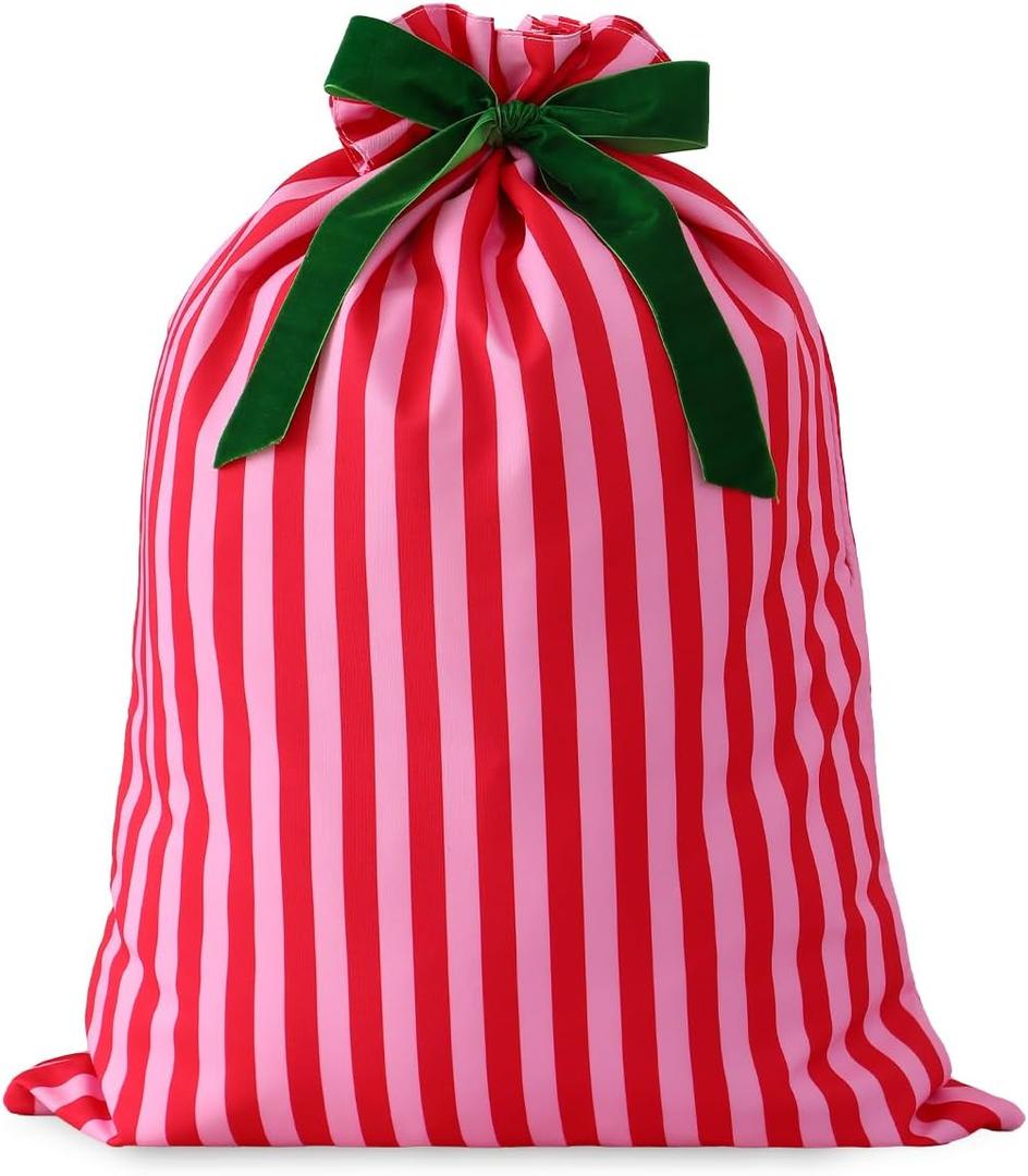 DYSHAYEN Santa Sack Christmas Gift Bag 19.7 X 27.6 Inch Large Canvas Christmas Santa Claus Bag for Xmas Party Supplies Favors (Pink-Red Stripes)