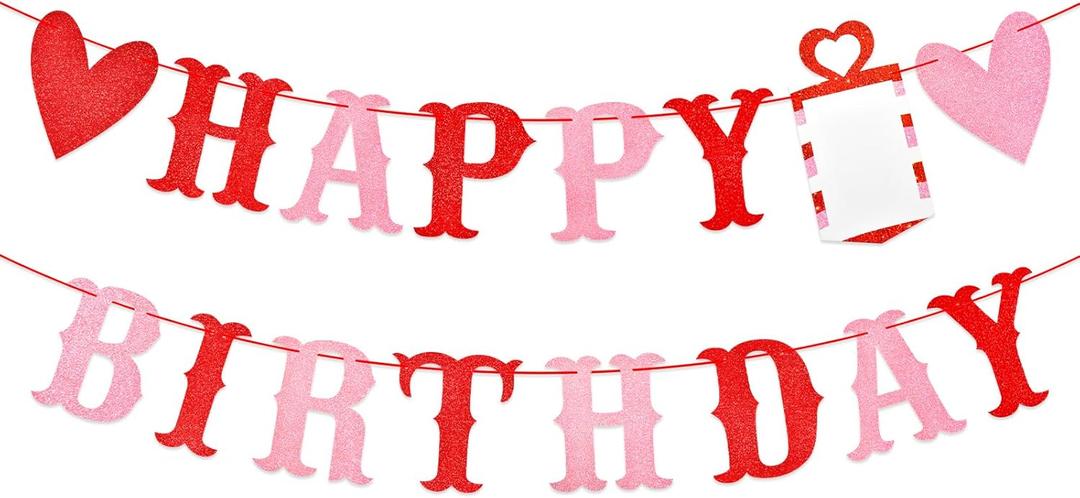 Red and Pink Glitter Love Heart Happy Birthday Banner - Valentine's Themed Hanging Paper Garland Bunting Banner, Photo Backdrop for Wall Home Mantle Office Party Decorations