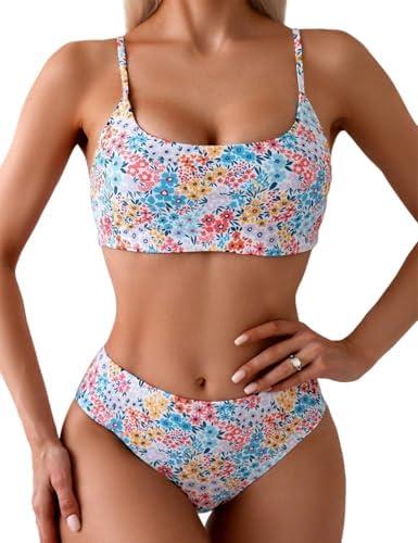YIMISAN Women's Two Piece Swimsuit Floral Print Bikini Sets Spaghetti Straps Scoop Neck Mid Waist Cheeky Bathing Suit Size L