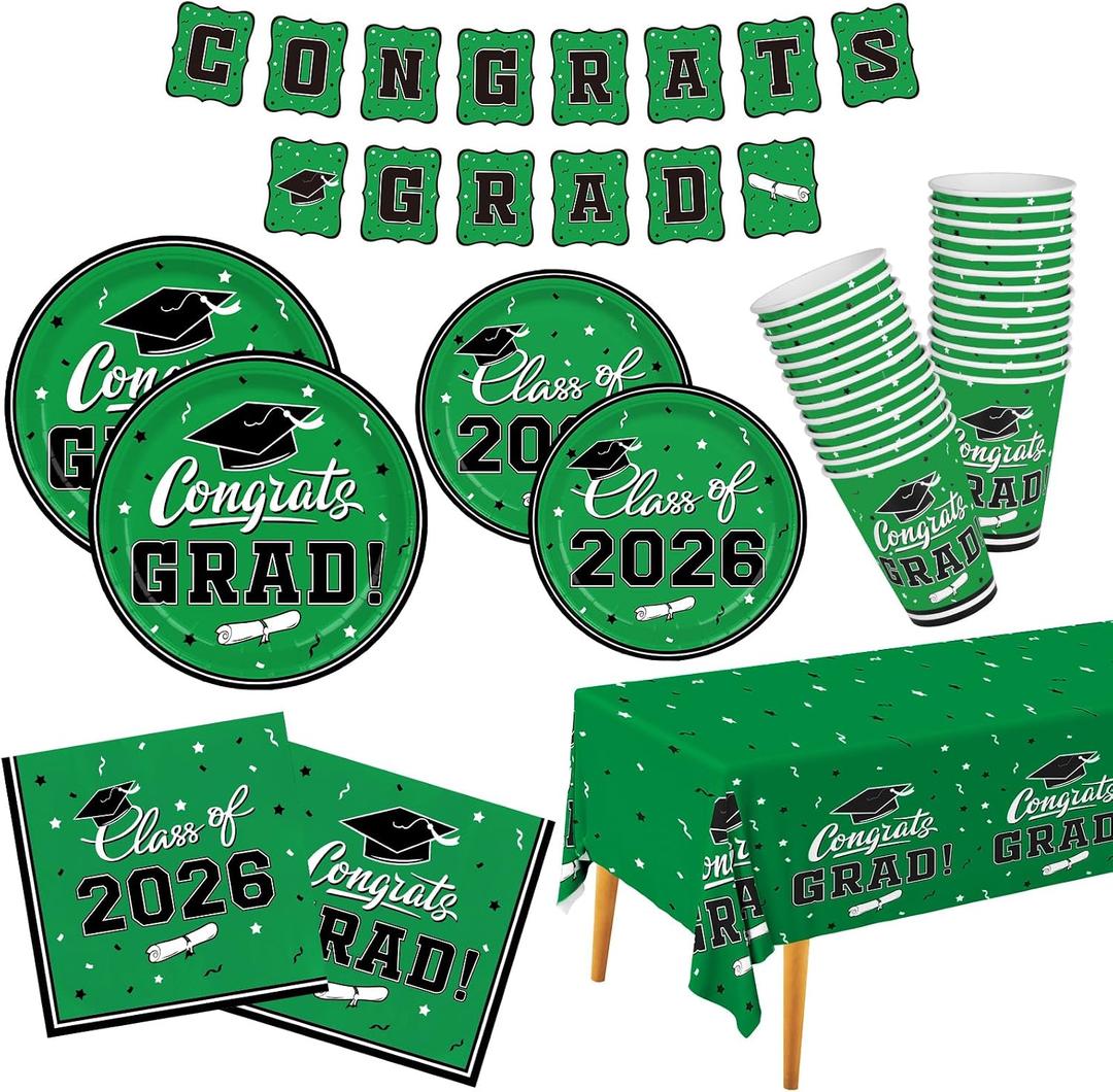Graduation Party Supplies Gatherfun Graduation Party Dinnerware Set Green Disposable Paper Plates Napkins Cups Tablecloth Banner for Congrats Grad Party Decorations, Serve 25