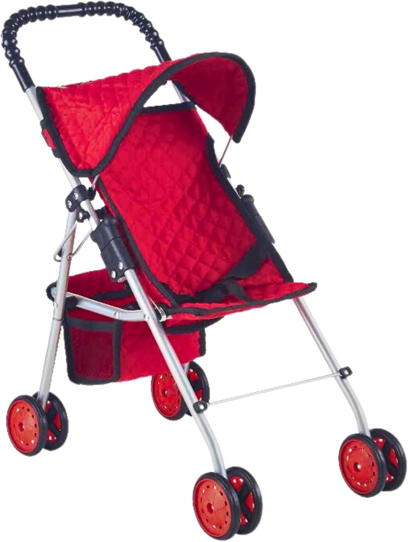 The New York Doll Collection My First Doll Stroller with Basket, Foldable Doll Stroller (Red Quilted)