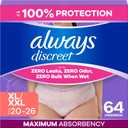 2 x Always Discreet Adult Diapers for Women, Incontinence Underwear, Postpartum Essentials, Disposable Briefs, Max Absorbency, Bladder Leak Protection, Extra Large/XL, 64ct