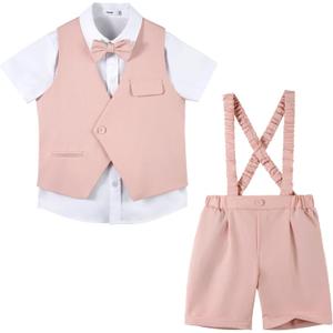 LOLANTA Short Suit for Boys Summer Wedding Ring Bearer Outfit Graduation 6 Pieces Shirt Vest Shorts Set (Pink)