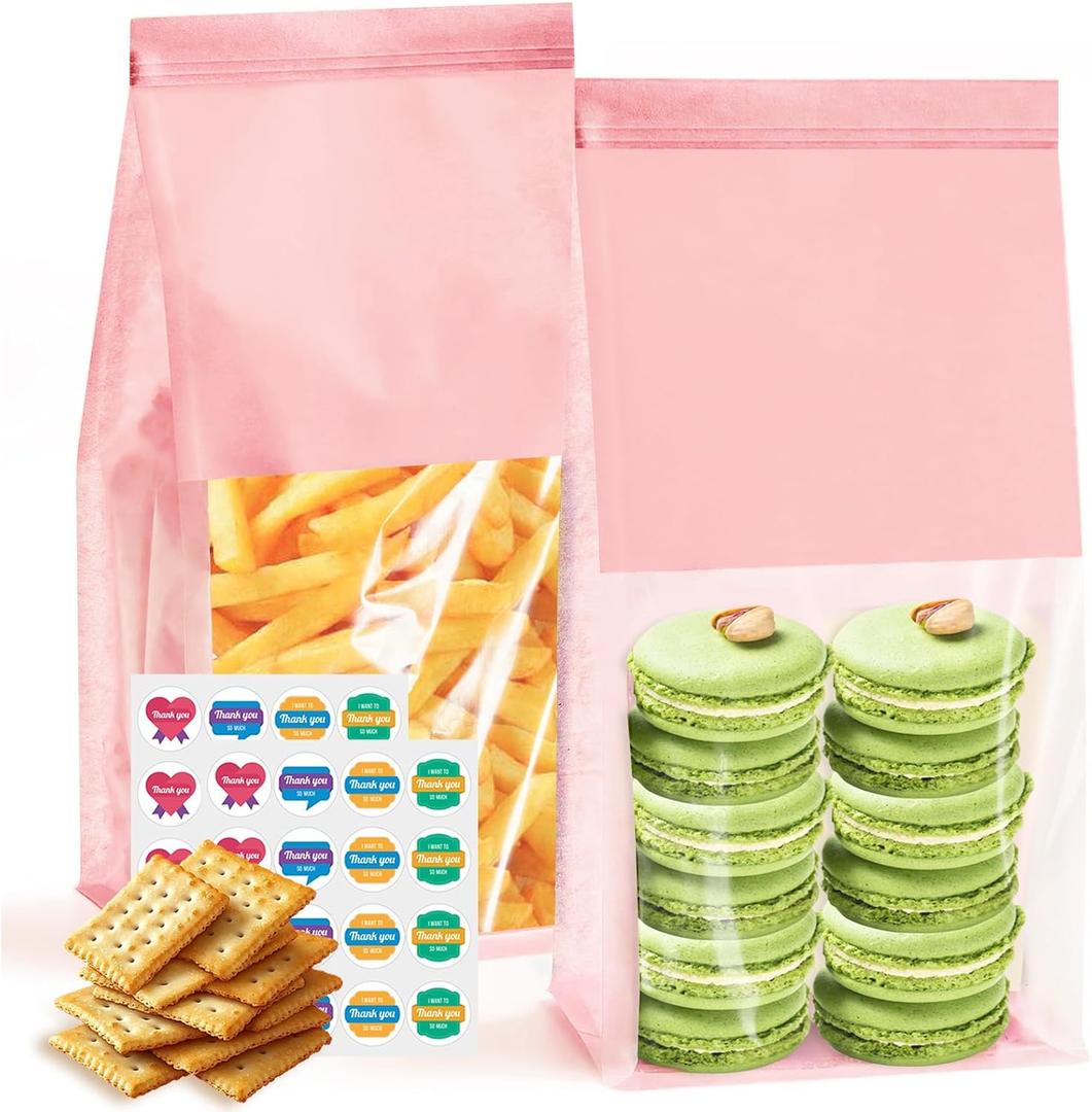 50 Pack Bakery Bags with Window - Reusable Cookie Bags With Seal Can Stand Upright Cookie Packaging Bag With Tin Tie Tab Lock Kraft Paper Bread Bags For Pastry,Donuts,Popcorns,Snacks, Small
