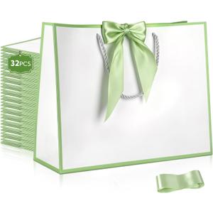 32 Pcs Thank You Gift Bags with Handle 12.6x9.8x 4.3in Bridesmaid Gift Bag Welcome Bags Large Gift Bag with Bow Ribbon for Wedding Baby Shower Birthday Thanksgiving Christmas Housewarming Sage Green