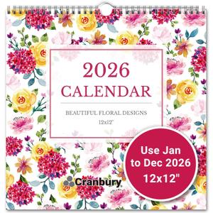 CRANBURY 2026 Wall Calendar 12x12, Floral Hanging Monthly Planner, Large Grid, Square Wall Calendar, from January to December 2026