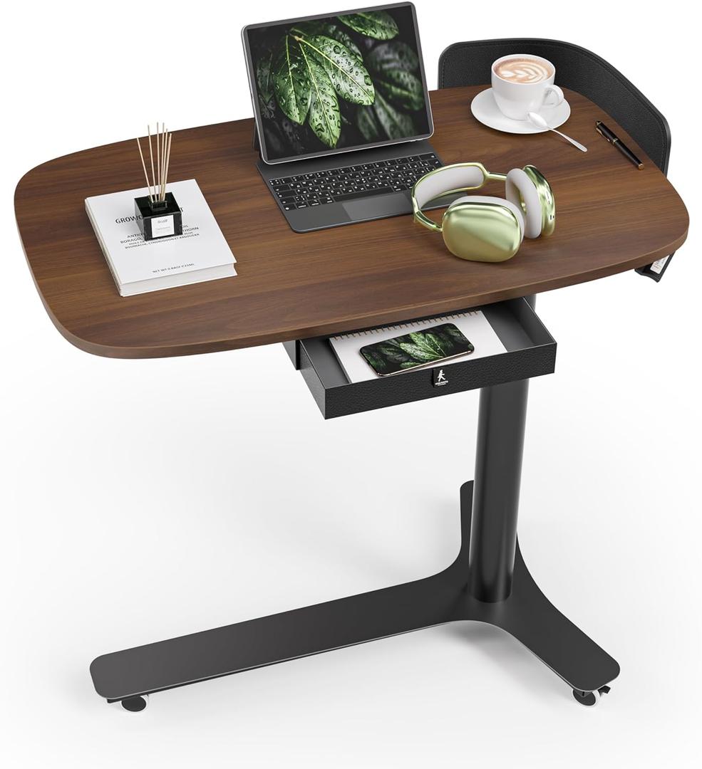 Height Adjustable Mobile Standing Desk with 360 Swivel Casters, 28"-43" Pneumatic Rolling Desk with Storage Drawer, Perfect for Home Office, Bedroom, Living Room, Dark Walnut
