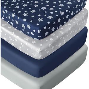 Crib Sheets for Boys or Girls 4 Pack, Fitted Crib Sheet for Standard Size Crib and Toddler Mattresses, Soft and Breathable Material, Navy (52"X28")