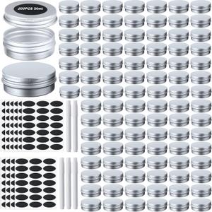 200 Pack Metal Tins Aluminum Containers with Lids Screw Top Round Tin Cans for Cosmetic Lip Balm DIY Salves Candles Wax with 5 Markers 10 Sheets Label Stickers (1 oz, Silver)
