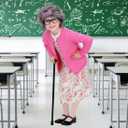 17pcs Old Lady Costume for Kids Girls 100 Day of School Costume Girls Grandma Costume Dress Up with Accessories (3-5 Years)