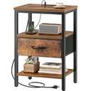 SUPERJARE Nightstand with Charging Station, Bed Side Table with Adjustable Fabric Drawer, Night Stand for Bedroom, 3-Tier Storage End Table, for Living Room, Rustic Brown