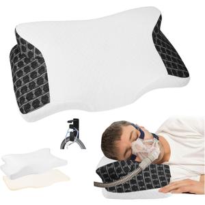 Cervical Neck CPAP Pillow for Side, Stomach, Back Sleepers to Neck Pain Relief - Ergonomic Adjustable Height Memory Foam Pillow for Neck Support - Include CPAP Hose Holder-Keep The Hose Off The Floor (Black)
