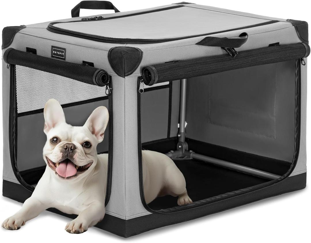 PETSFIT 26" Soft Portable Dog Crate Patented Spiral Sturdy Frame, Collapsible Travel Kennel for Small Dogs, 3 Mesh Door, Lockable Zippers, Indoor & Car Use Gray