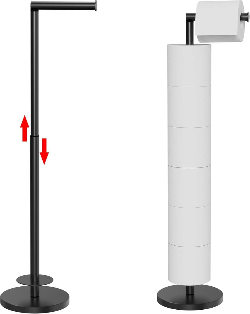 Toilet Paper Holder Stand 1 pc, Height Adjustable, Reserve Tissue for 6 Spare Rolls, Bathroom Storage, Rustproof with SUS304 Stainless Steel (Matte Black)