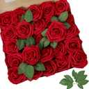 AmyHomie Artificial Flower Dark Red Rose 25pcs Real Looking Fake Roses w/Stem for DIY Wedding Bouquets Centerpieces Arrangements Party Baby Shower Home Decorations