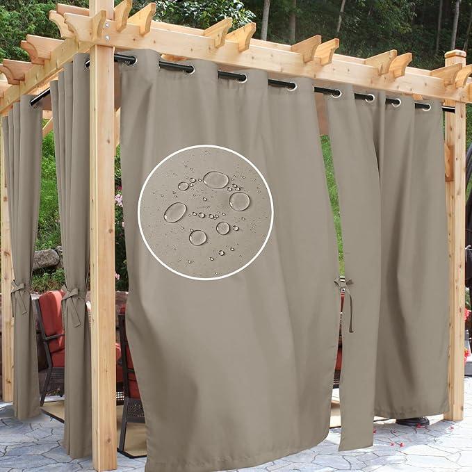 Hiasan Outdoor Curtains for Patio Waterproof, 54 x 96 inch - Privacy Grommet Outside Curtains for Gazebo/Porch/Pergola/Cabana, 1 Panel and Sewn with 2 Tiebacks, Taupe