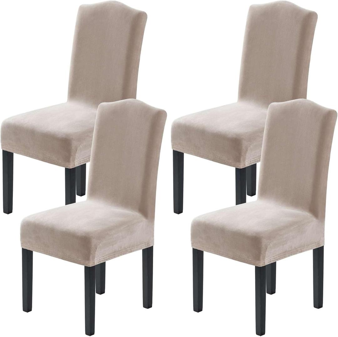 H.VERSAILTEX Velvet Dining Chair Covers Stretch Chair Covers for Dining Room Set of 4 Parson Chair Slipcovers Chair Protectors Covers Dining, Soft Thick Solid Velvet Fabric Washable, Oatmeal