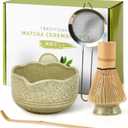 5Pcs Matcha Whisk Set, 18OZ Bowl With Spout, Japanese Ceremony Matcha Whisks Kit, 100% Natural Bamboo Whisk, Ceramic Whisk Holder (Green), Stainless Sifter, Tea Scoop, Gift for Matcha Lovers Beginner