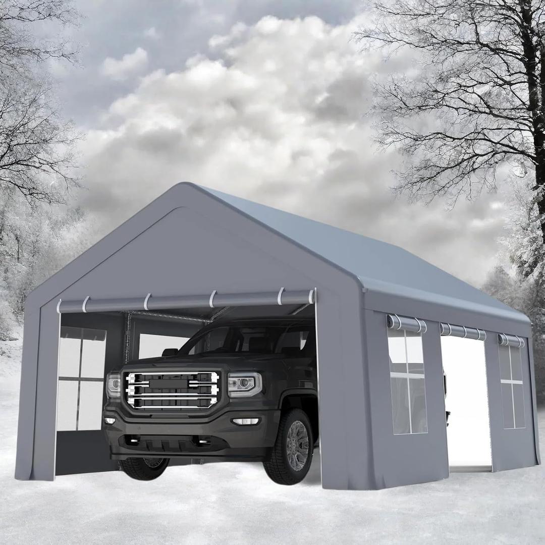 Carport 13'x20' Heavy Duty, Portable Garage with 3 Roll-Up Doors & 5 Windows, All Season Waterproof Car Canopy Outdoor Storage Shed for Pickup Truck Boat, Gray