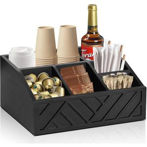 Coffee Pod Holder and Bar Accessories, Wood Station Organizer for Decor, Syrup and Condiment Organizer, Black