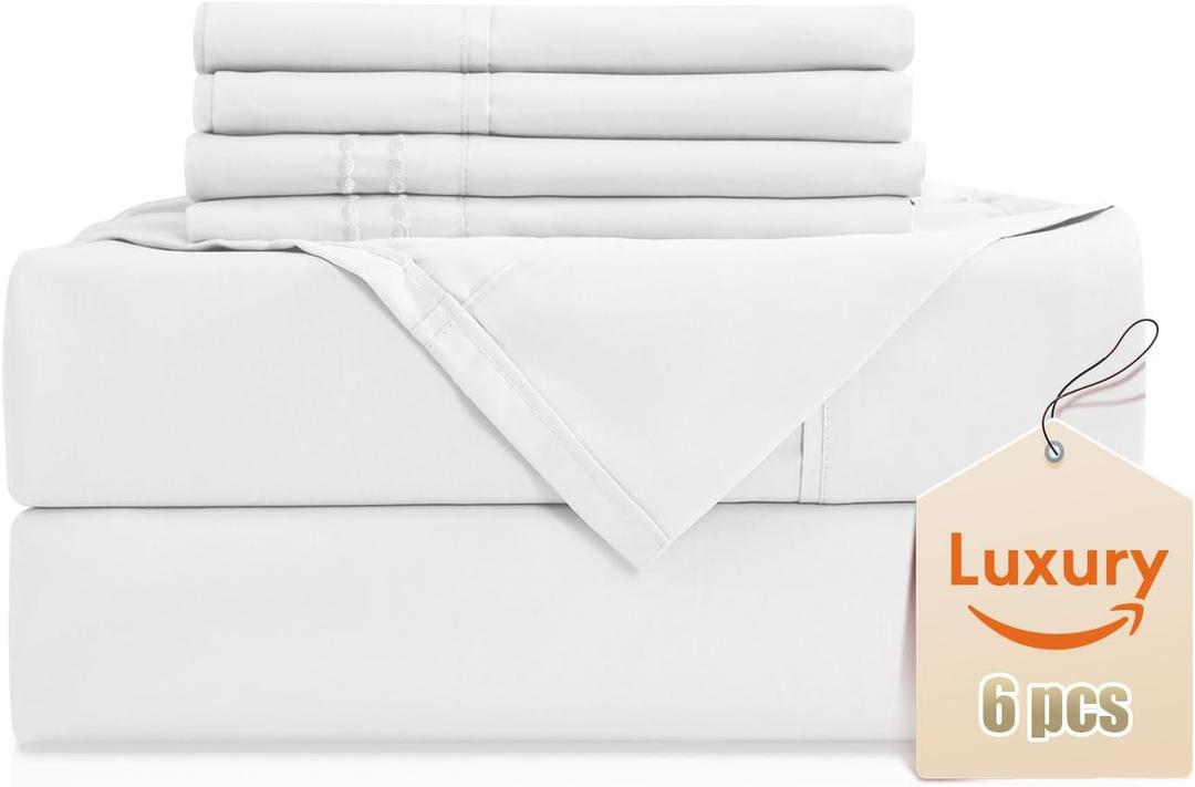 CozySmile Full Sheet Set,Luxury Silky Soft 6 Piece Bed Sheet Set Fits 16 inch Deep Pocket Mattresses, Wrinkle Free & Breathable Cooling Machine Washable Hotel Bedding Sheets Full Size (White)