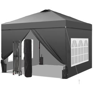 GDY 10x10 Pop Up Canopy Tent with 4 Sidewalls, Easy Set up with One Push Lift Outdoor Silver Coated Beach Gazebos, Carpas with 4 Sandbags, for Events, Parties,Camping, Gray.