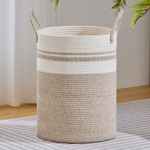 VIPOSCO Large Laundry Hamper, Tall Woven Rope Storage Basket for Blanket, Toys, Dirty Clothes in Living Room, Bathroom, Bedroom - 100L Brown & White