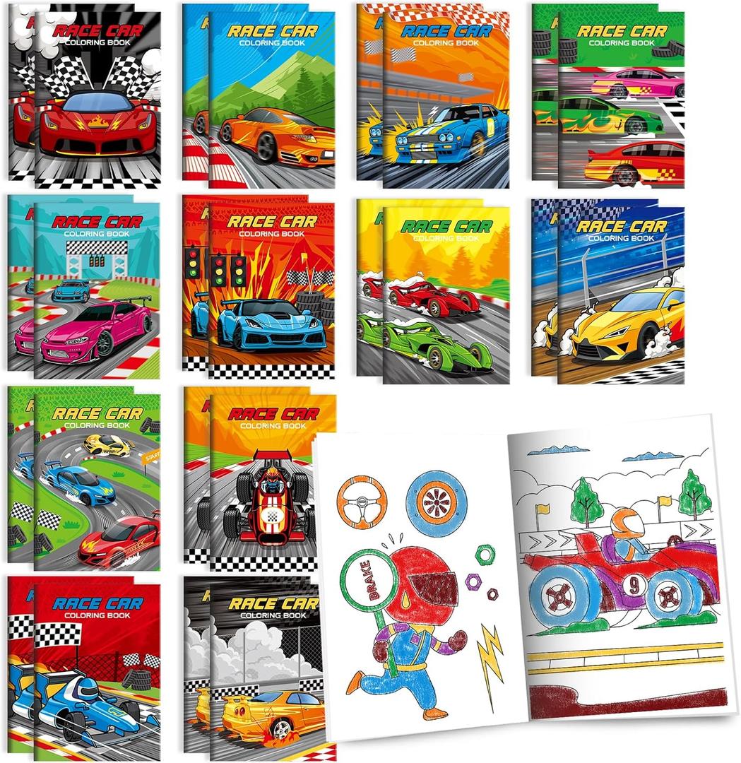 BenLouis 24 Pcs Race Car Mini Coloring Books Kids Racing Theme Party Favors Small Activity Books Bulk for Kids Fast Racecar Wheel Birthday Goodie Bags Stuffers Return Gifts Classroom Travel