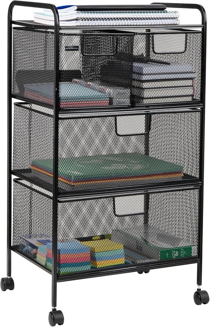 Mind Reader Cart with Drawers, Multipurpose Office Organizer, Utility Cart, Rolling Storage, Metal Mesh, Black