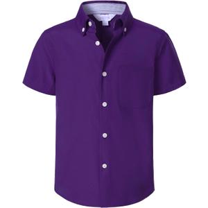 Boys Oxford Button Down Shirt Short Sleeve Formal Uniform Dress Shirts with Pocket (Purple)