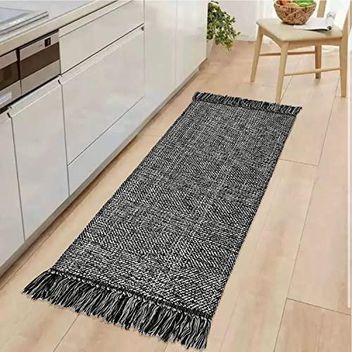 Collive Kitchen Runner Rug, 2' x 4.3' Cotton Hand-Woven Reversible Washable Rug, Black Bathroom Rugs Modern Farmhouse Hallway Carpet for Foyer Bedroom Entry Back Door Decor