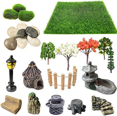 Cayway 25 PCS Outdoor Fairy Garden Miniatures Mini Zen Garden Accessories, Artificial Grass, Model Trees, Terrarium Ornaments, Dollhouse Supplies, Bonsai Decorative Craft Tools Kit