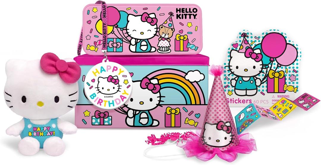 Hello Kitty Party Gift Set - Tin Box, Pencil Case, Stickers, Birthday Necklace, Plush, and Hat