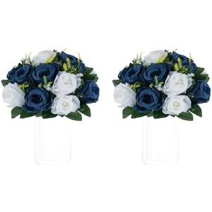 NUPTIO Artificial Flower Centerpieces for Tables - 2 Pcs 9.5in Diameter Navy Blue & White Fake Flowers Roses Balls - Silk Faux Rose Arrangement for Wedding Party Centerpiece Table Decorations