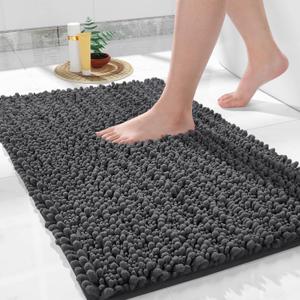Yimobra Bathroom Rug Mat 24 x 17, Extra Soft Non Slip Absorbent Water Bath Rug, Quick Dry Machine Washable Chenille Shaggy Shower Mat, Bath Mat for Bathroom Floor, Home Decor Accessories, Dark Gray