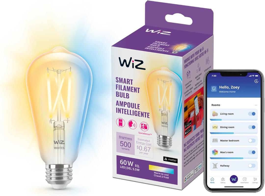 WiZ Connected 60W ST19 Tunable White Filament LED Smart Light Bulbs - Connects to Your Wi-Fi - E26 Smart Bulb - Control with Voice or App + Activate with Motion - Matter Compatible - 1 Pack