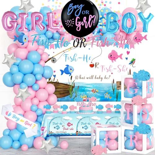 Fiesec Fishing Gender Reveal Decorations, Baby Boy or Girl Gender Reveal Party Decor, Fish She or Fish He Backdrop Balloon Banner Tablecloth Box Sash for Gone Fishing Baby Shower Supplies