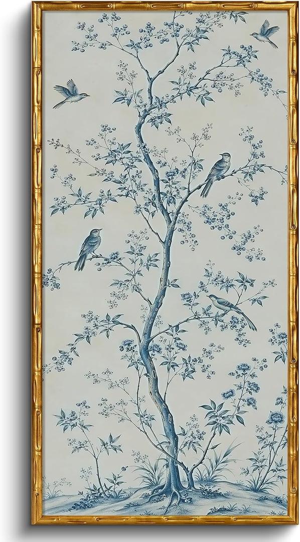 InSimSea Gold Bamboo Framed Wall Art, Blue Bird Flower Prints, 20x40In
