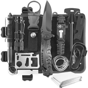 Survival Gear Kits Outdoor Survival Gear Tool for Trip,with Fire Starter, Whistle, Wood Cutter, Tactical Pen for Camping, Hiking, Climbing for Wilderness/Trip/Cars/Hiking/Camping