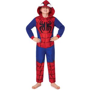 Marvel Spiderman One Piece Pajamas Set Boys, Teens, Fleece Hooded Jumpsuit, Superhero Outfit, Loungewear PJs, Gifts for Boys (5-6 Years, Blue/Red)
