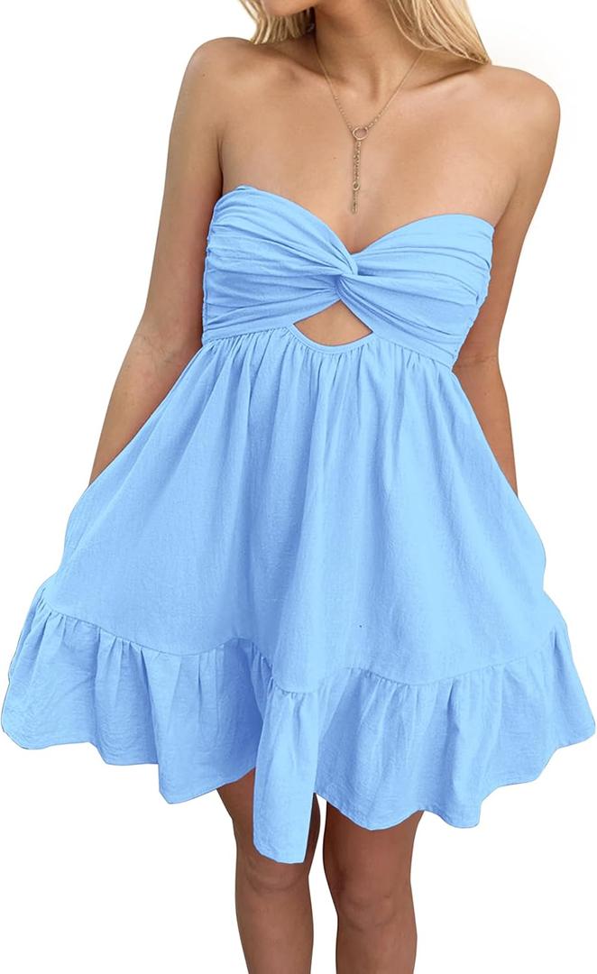 Meladyan Womens Twist Knot Bandeau Tube Dress Solid Strapless Backless Mini Dresses Summer Hollow Ruffle Beach Dress (Large, Blue)