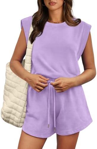 OFEEFAN Rompers for Women Summer Cap Sleeve Adjustable Drawstring Waistband Crewneck Casual Outfits with Pockets Size S
