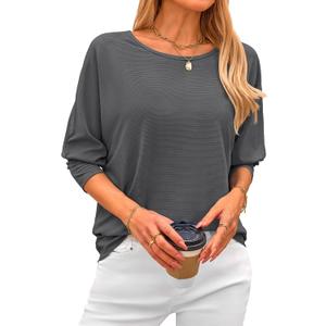 CFLONGE Women's Crewneck Batwing Long Sleeve Shirts Lightweight Knit Ribbed Tops 2024 Loose Blouse Solid Pullover Sweatshirts, XL