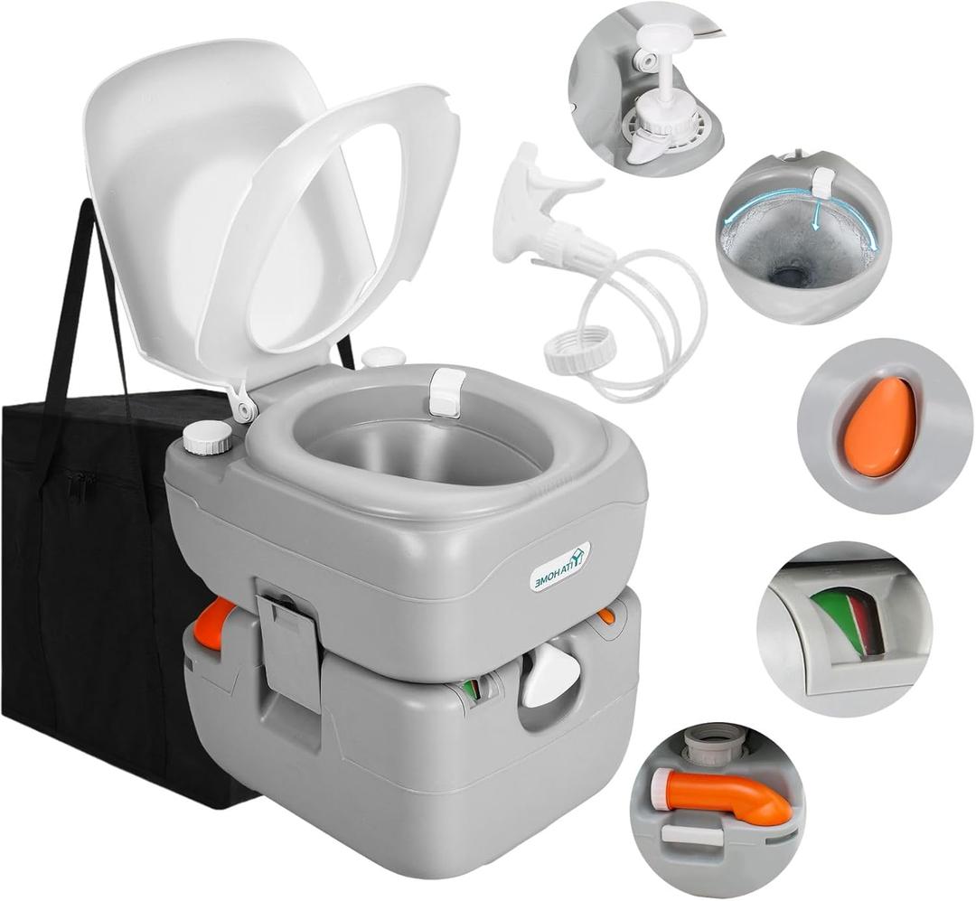 YITAHOME Portable Toilet for Adults, 5.8 Gallon Camping Porta Potty with Carry Bag, Hand Sprayer, Level Indicator, Handle Pump and Leak-Proof, Indoor Outdoor Toilet for RV Travel, Boat, Hiking, Trips
